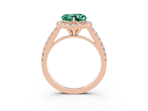 Rose gold Heart Cut Green Sapphire Halo Ring with Round Pavé Split Shank and Prong Setting