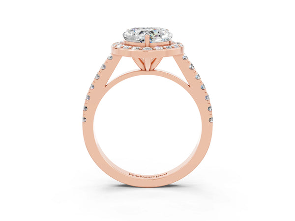 Rose gold Heart Cut Moissanite Halo Ring with Round Pavé Split Shank and Prong Setting