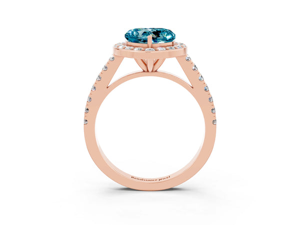 Rose gold Heart Cut Halo Diamond Ring with Pavé Band and Three-Prong Setting