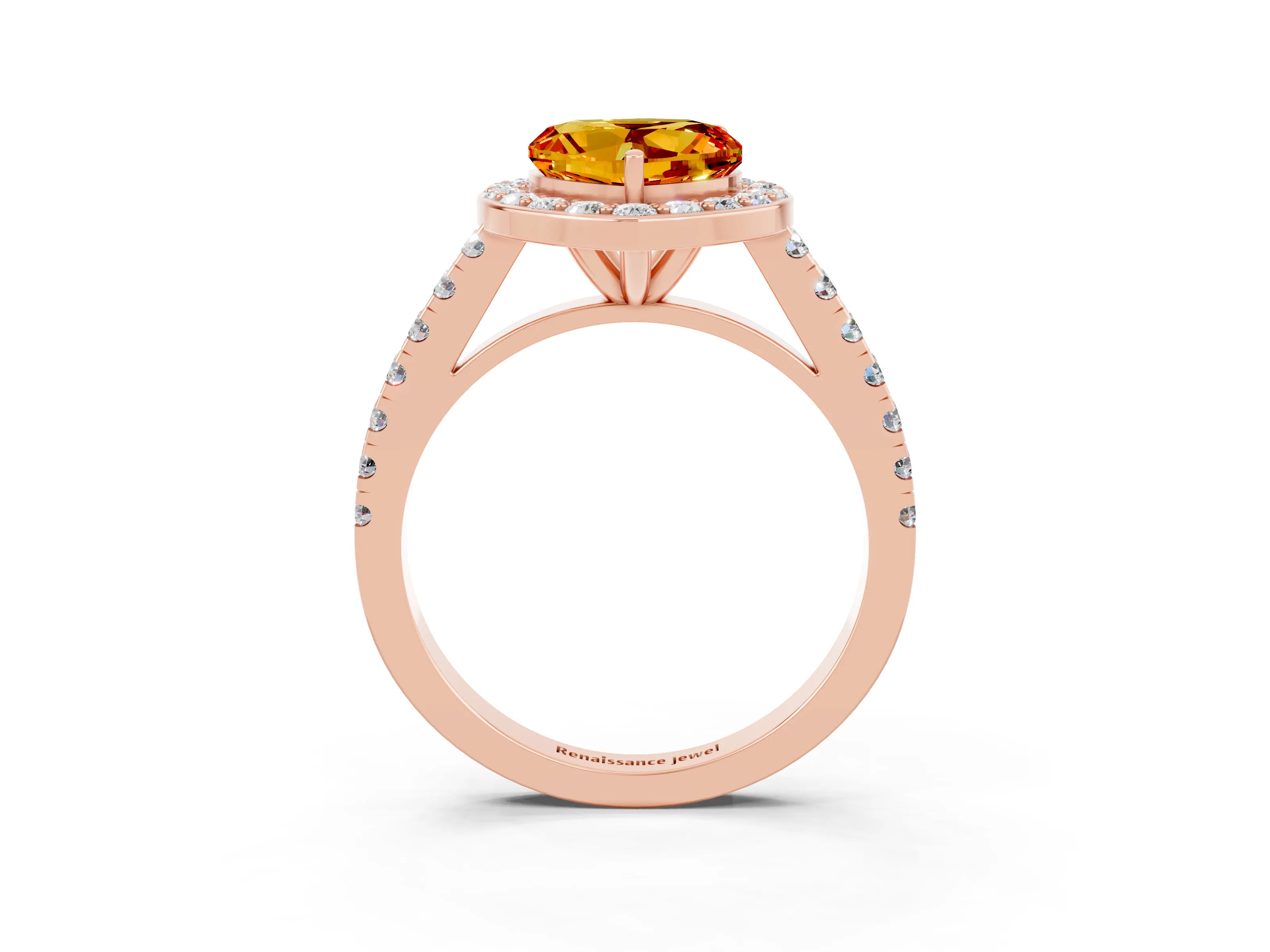 Rose gold Heart Cut Halo Diamond Ring with Pavé Band and Three-Prong Setting_3