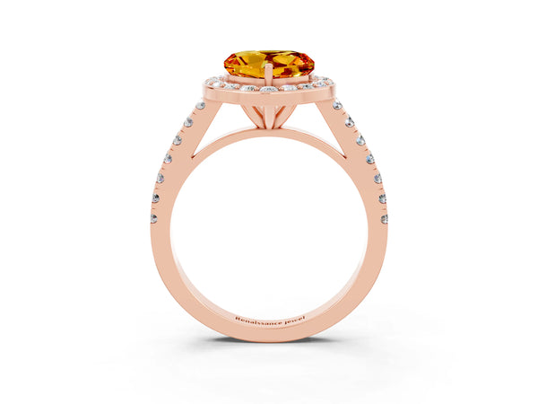Rose gold Heart Cut Citrine Halo Ring with Round Pavé Split Shank and Prong Setting