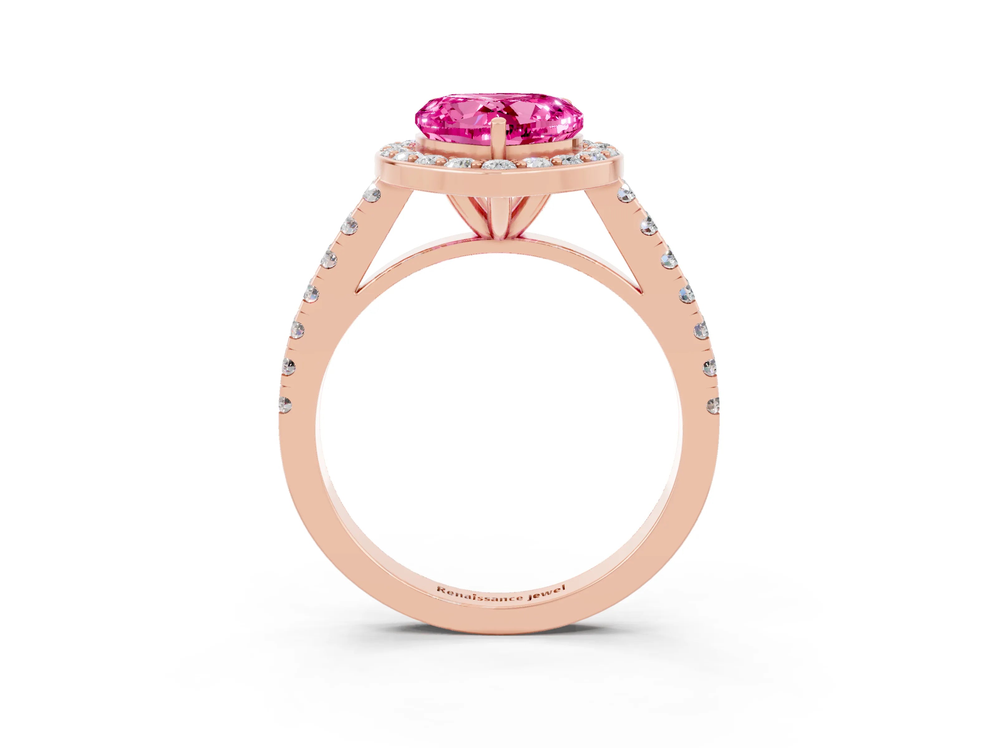 Rose gold Heart Cut Halo Diamond Ring with Pavé Band and Three-Prong Setting_3