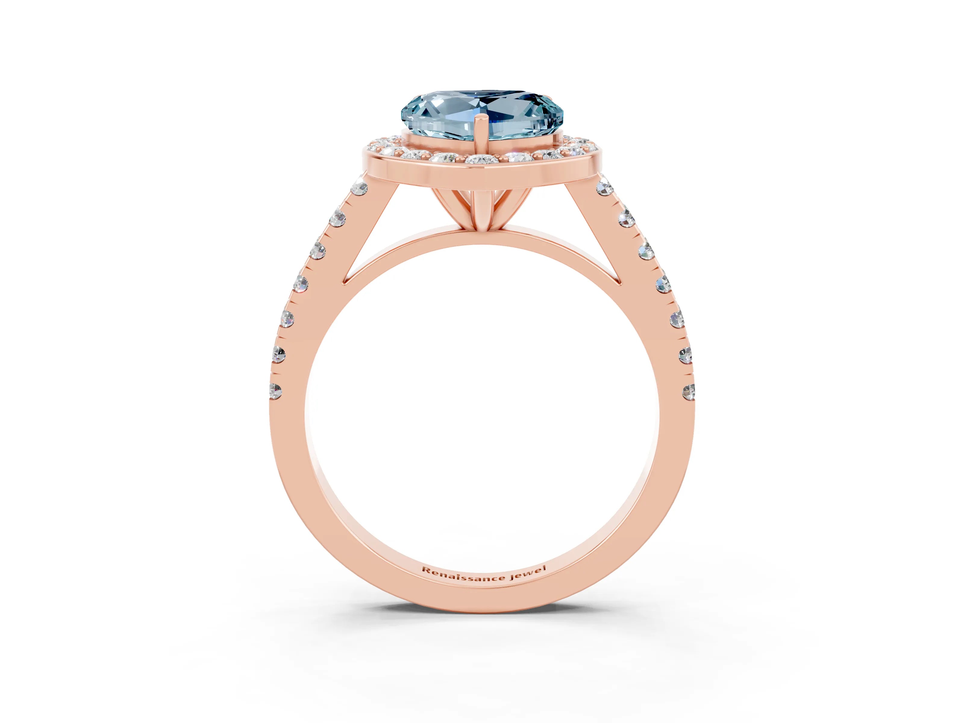 Rose gold Heart Cut Halo Diamond Ring with Pavé Band and Three-Prong Setting_3