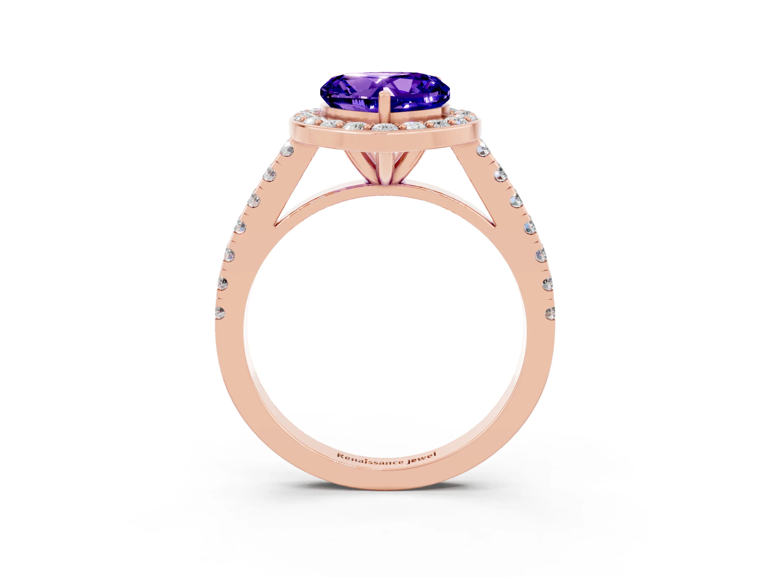 Rose gold Heart Cut Halo Diamond Ring with Pavé Band and Three-Prong Setting_3