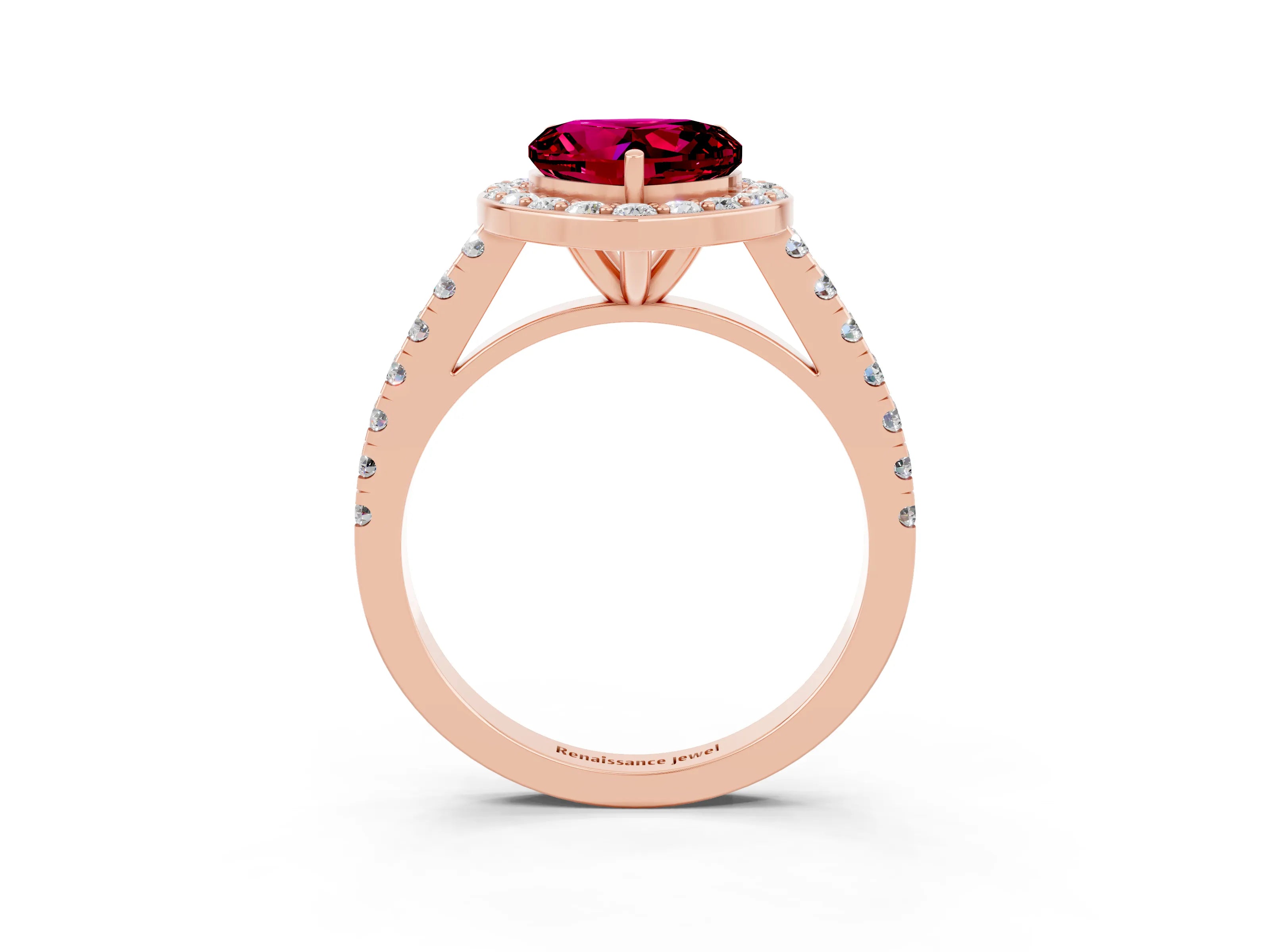 Rose gold Heart Cut Halo Diamond Ring with Pavé Band and Three-Prong Setting_3
