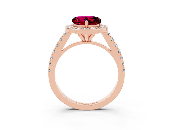 Rose gold Heart Cut Garnet Halo Ring with Round Pavé Split Shank and Prong Setting
