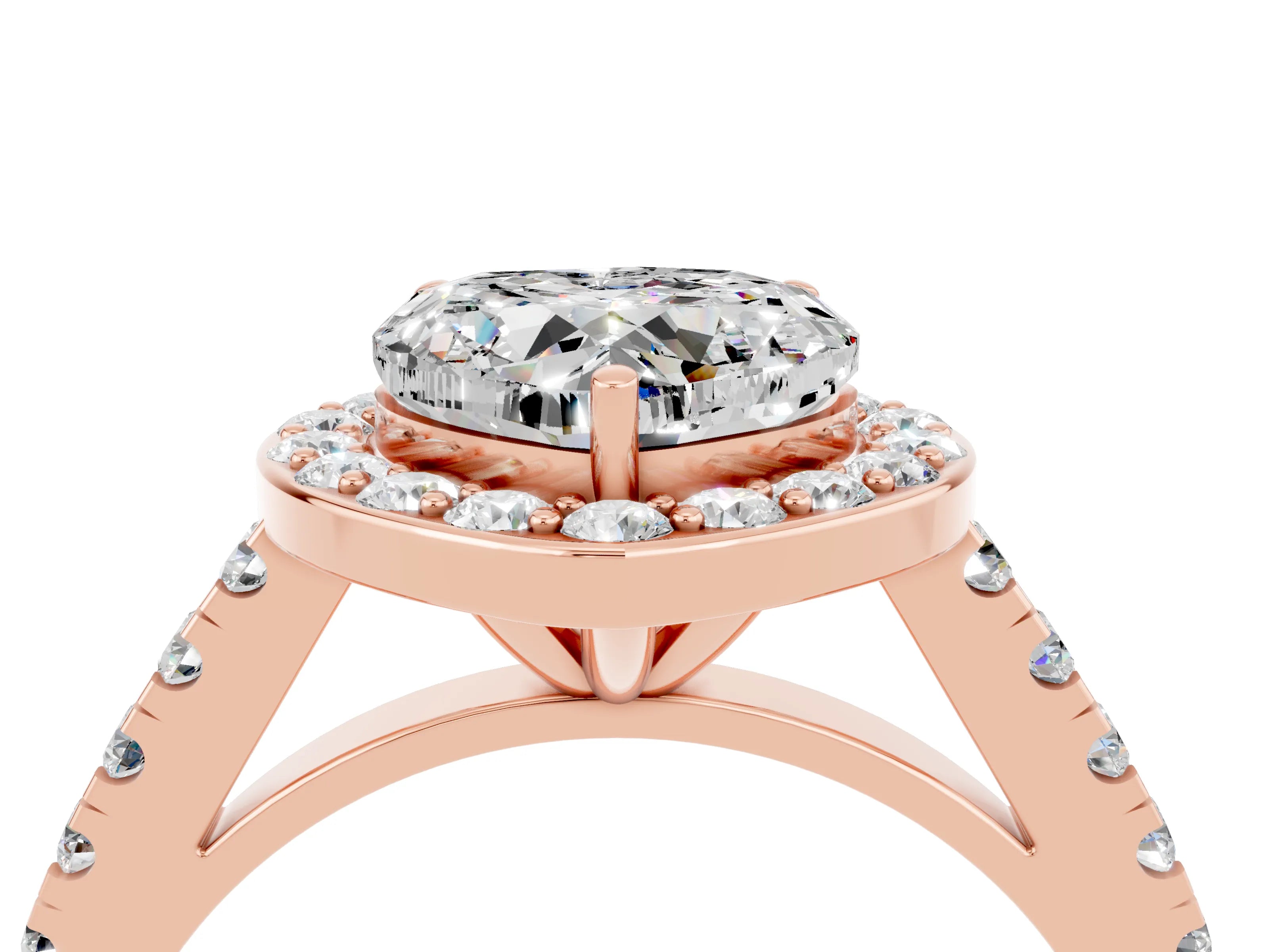 Rose gold Heart Cut Halo Diamond Ring with Pavé Band and Three-Prong Setting_4
