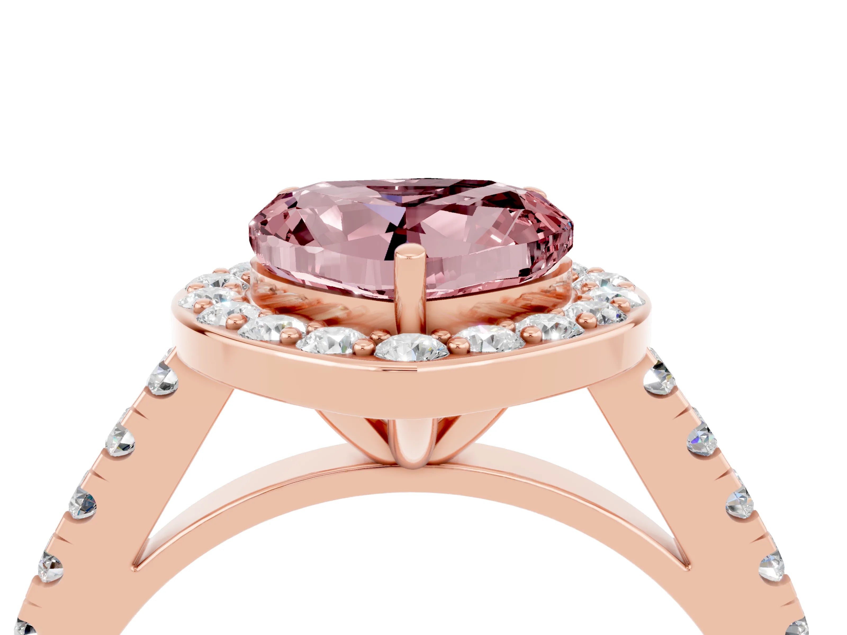 Rose gold Heart Cut Halo Diamond Ring with Pavé Band and Three-Prong Setting_4