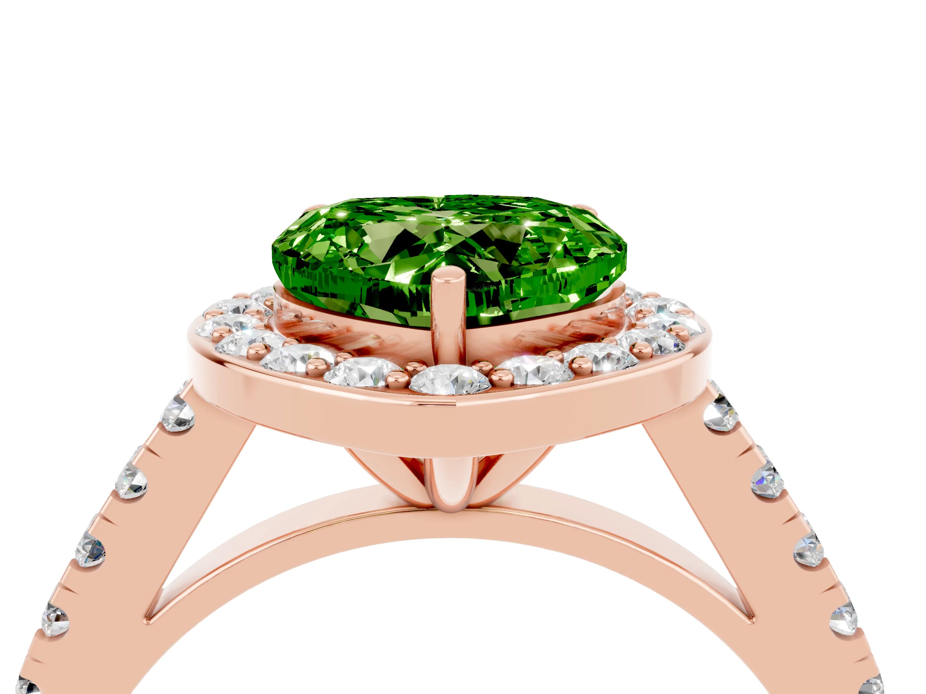 Rose gold Heart Cut Halo Diamond Ring with Pavé Band and Three-Prong Setting_4