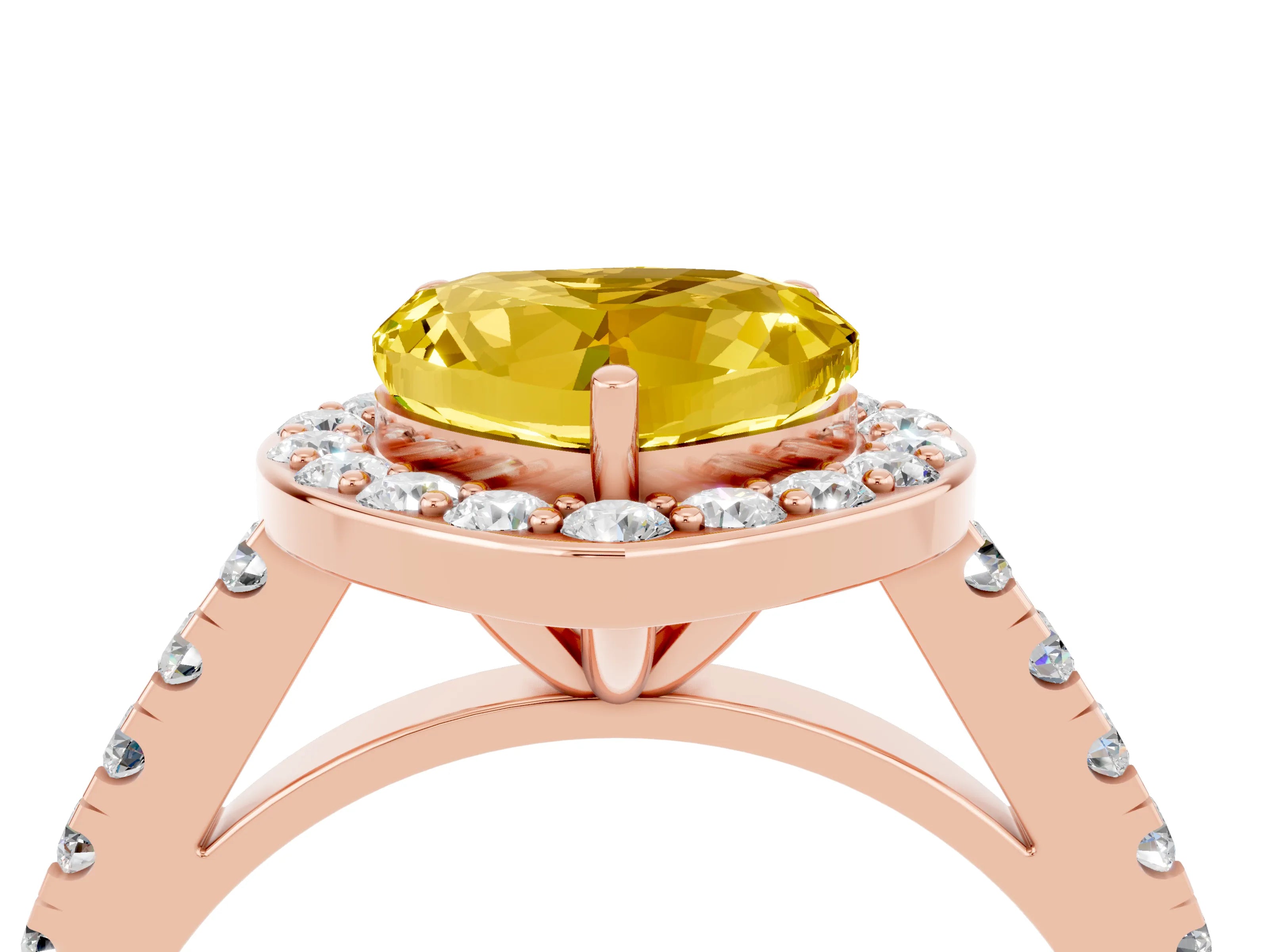 Rose gold Heart Cut Halo Diamond Ring with Pavé Band and Three-Prong Setting_4