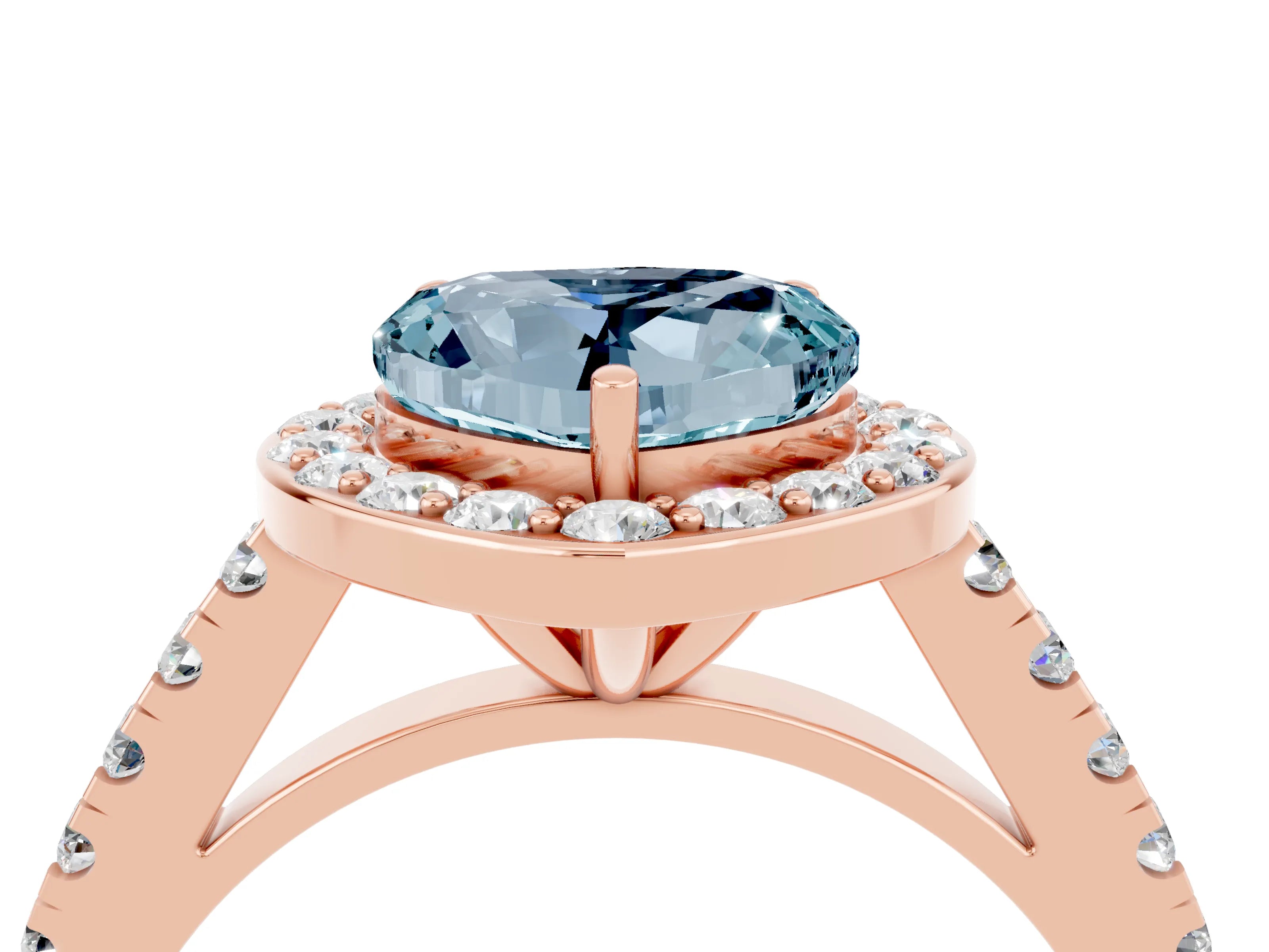 Rose gold Heart Cut Halo Diamond Ring with Pavé Band and Three-Prong Setting_4