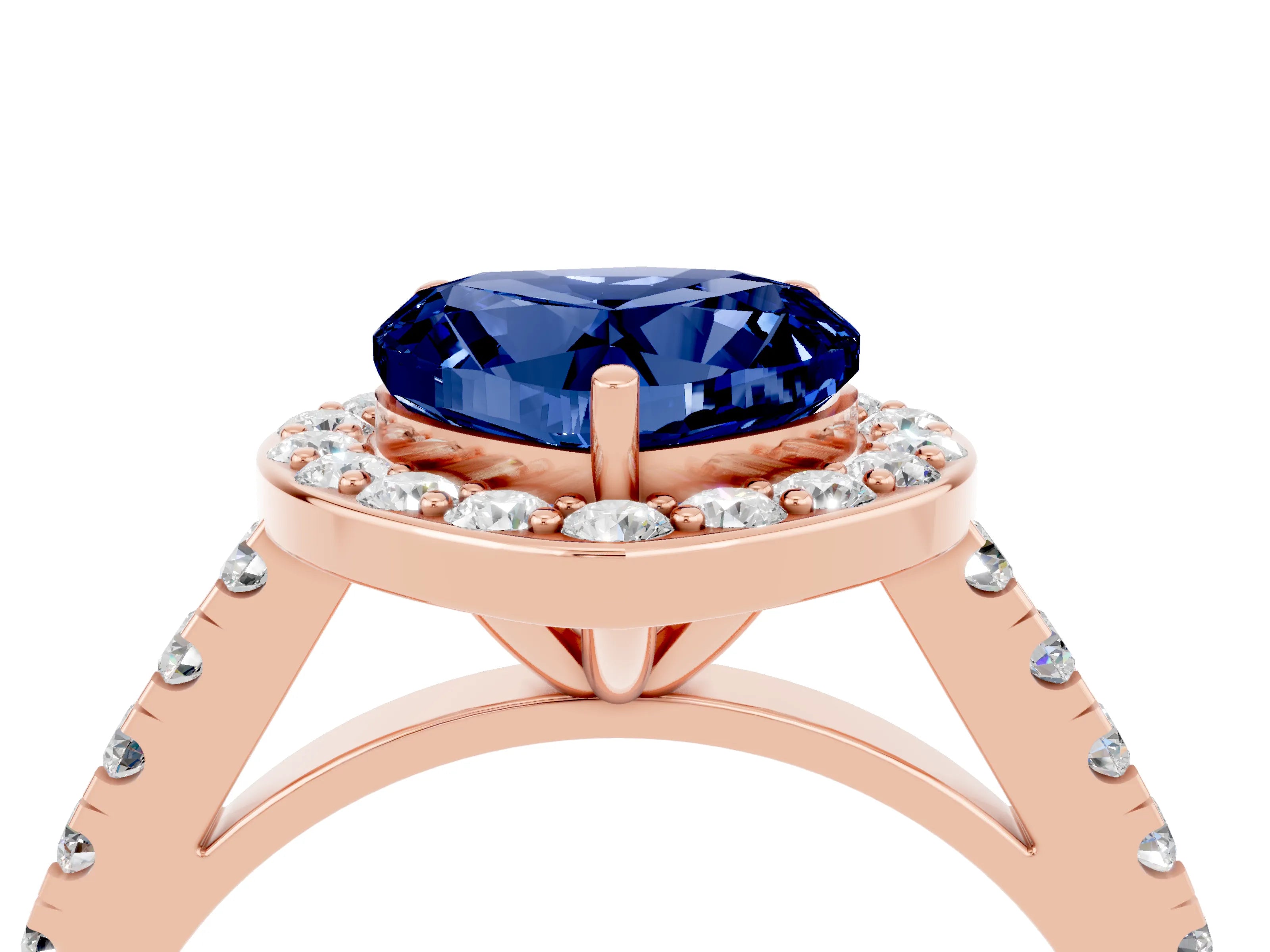 Rose gold Heart Cut Halo Diamond Ring with Pavé Band and Three-Prong Setting_4