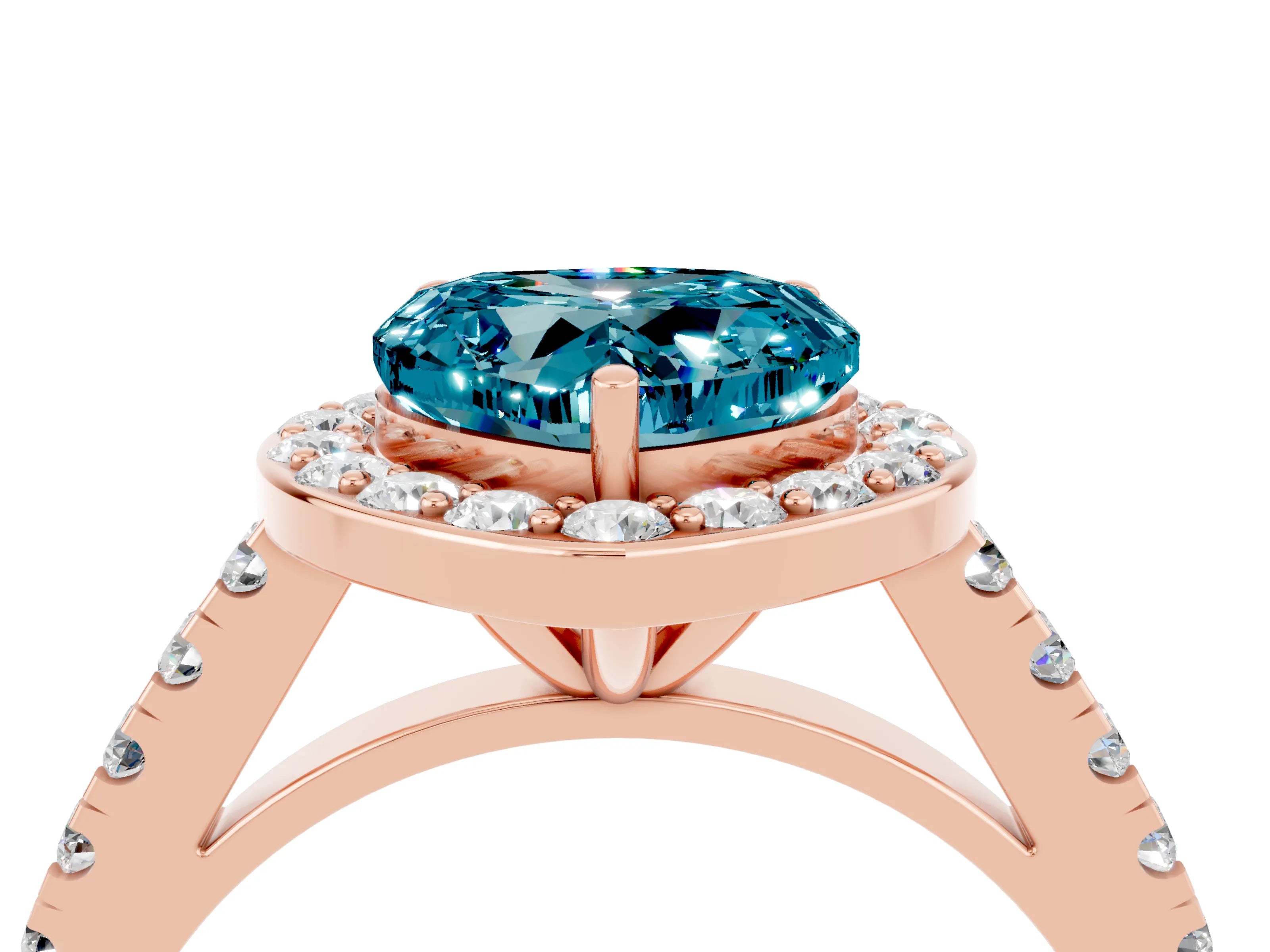 Rose gold Heart Cut Halo Diamond Ring with Pavé Band and Three-Prong Setting_4