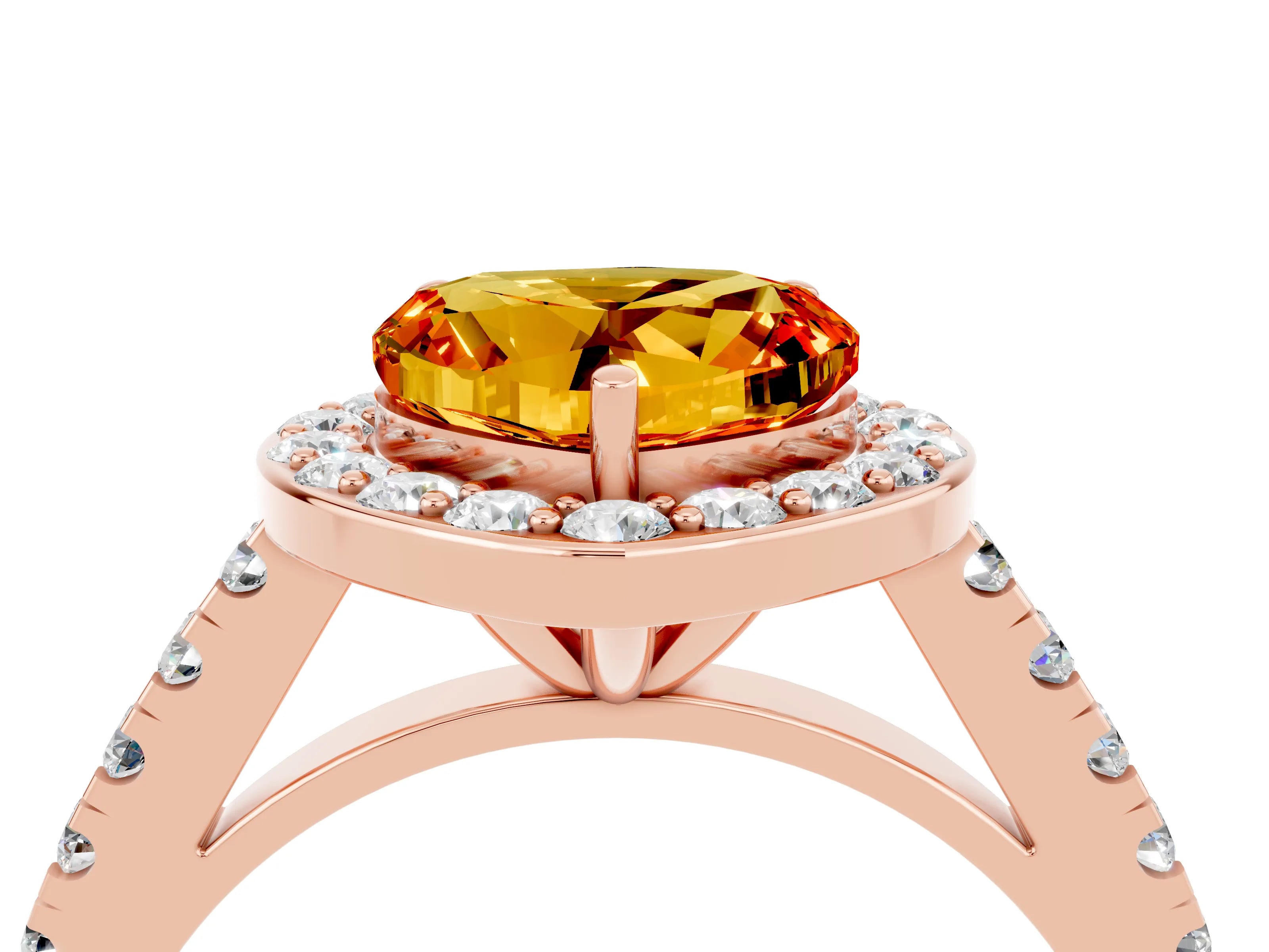 Rose gold Heart Cut Halo Diamond Ring with Pavé Band and Three-Prong Setting_4