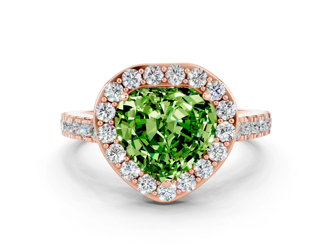 Rose gold Heart Cut Halo Diamond Ring with Pavé Band and Three-Prong Setting