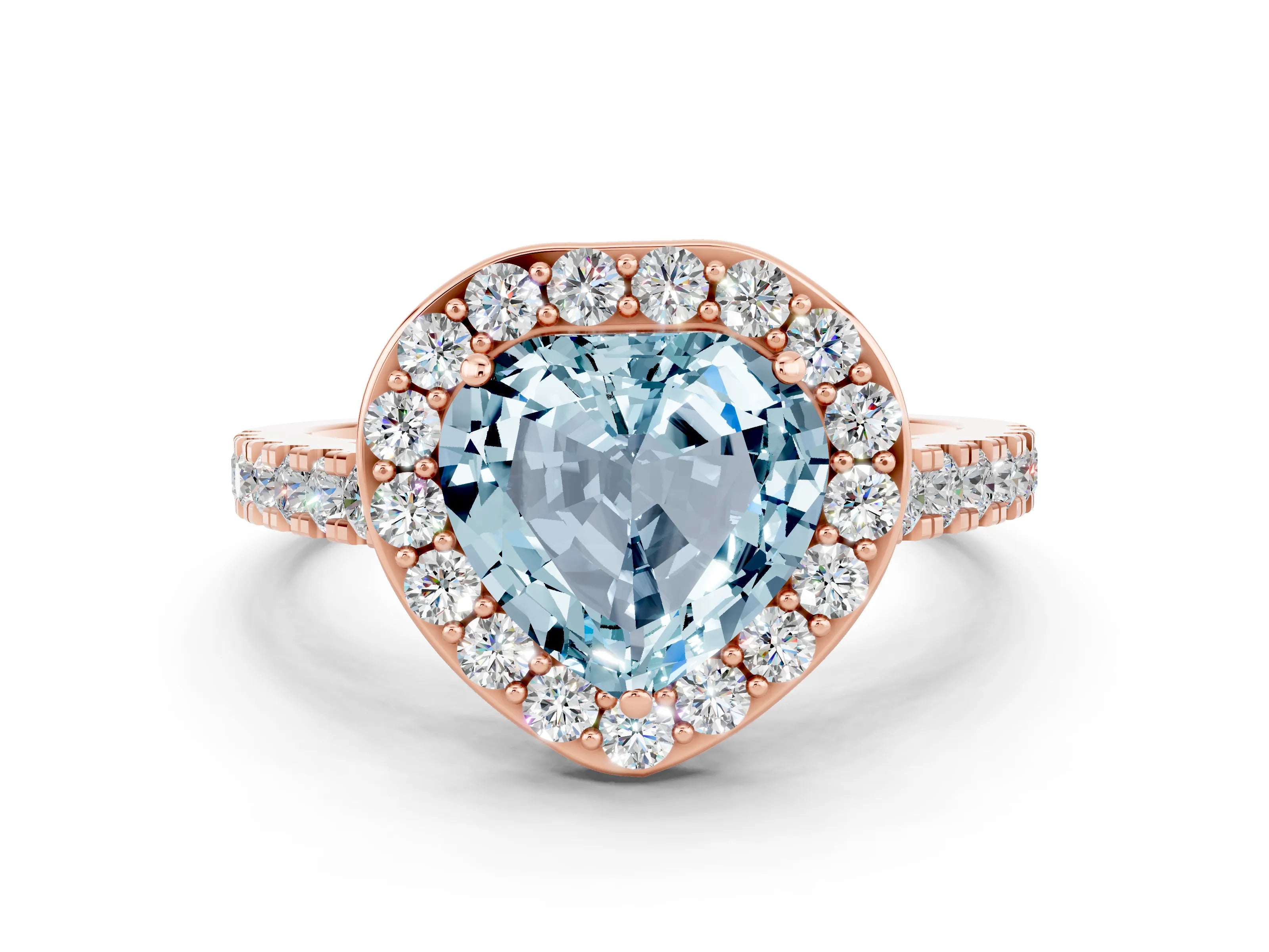 Rose gold Heart Cut Halo Diamond Ring with Pavé Band and Three-Prong Setting