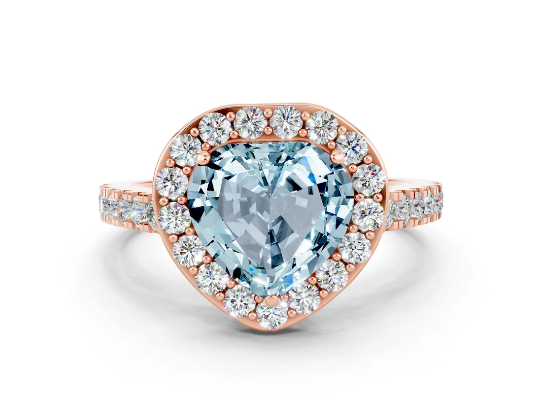 Rose gold Heart Cut Halo Diamond Ring with Pavé Band and Three-Prong Setting