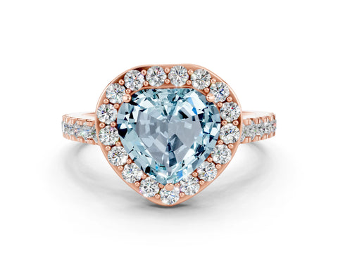 Rose gold Heart Cut Halo Diamond Ring with Pavé Band and Three-Prong Setting
