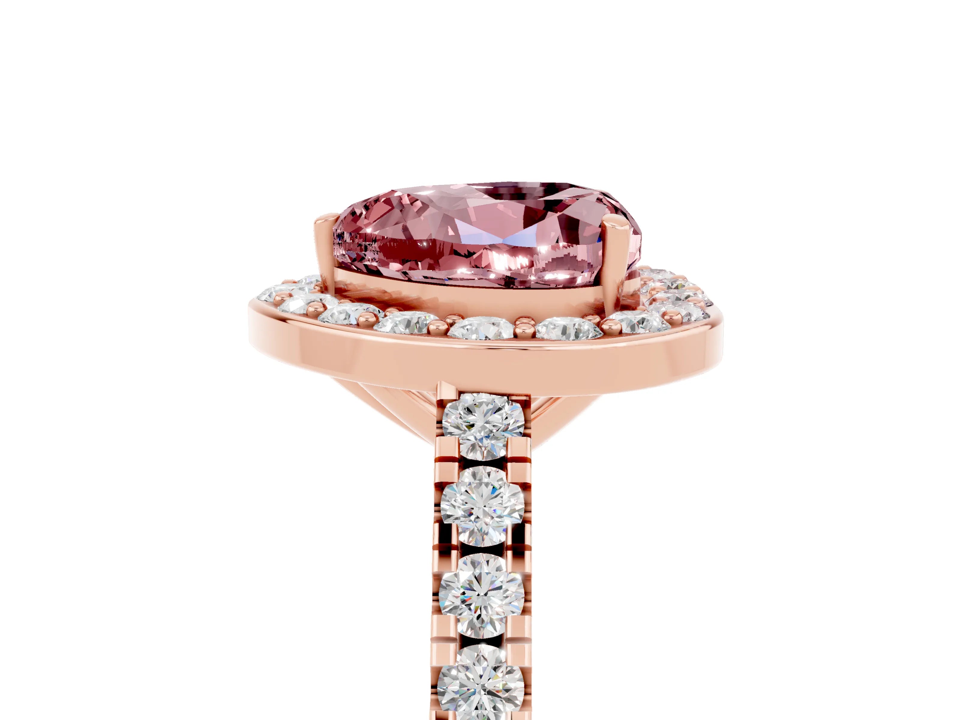 Rose gold Heart Cut Halo Diamond Ring with Pavé Band and Three-Prong Setting_5