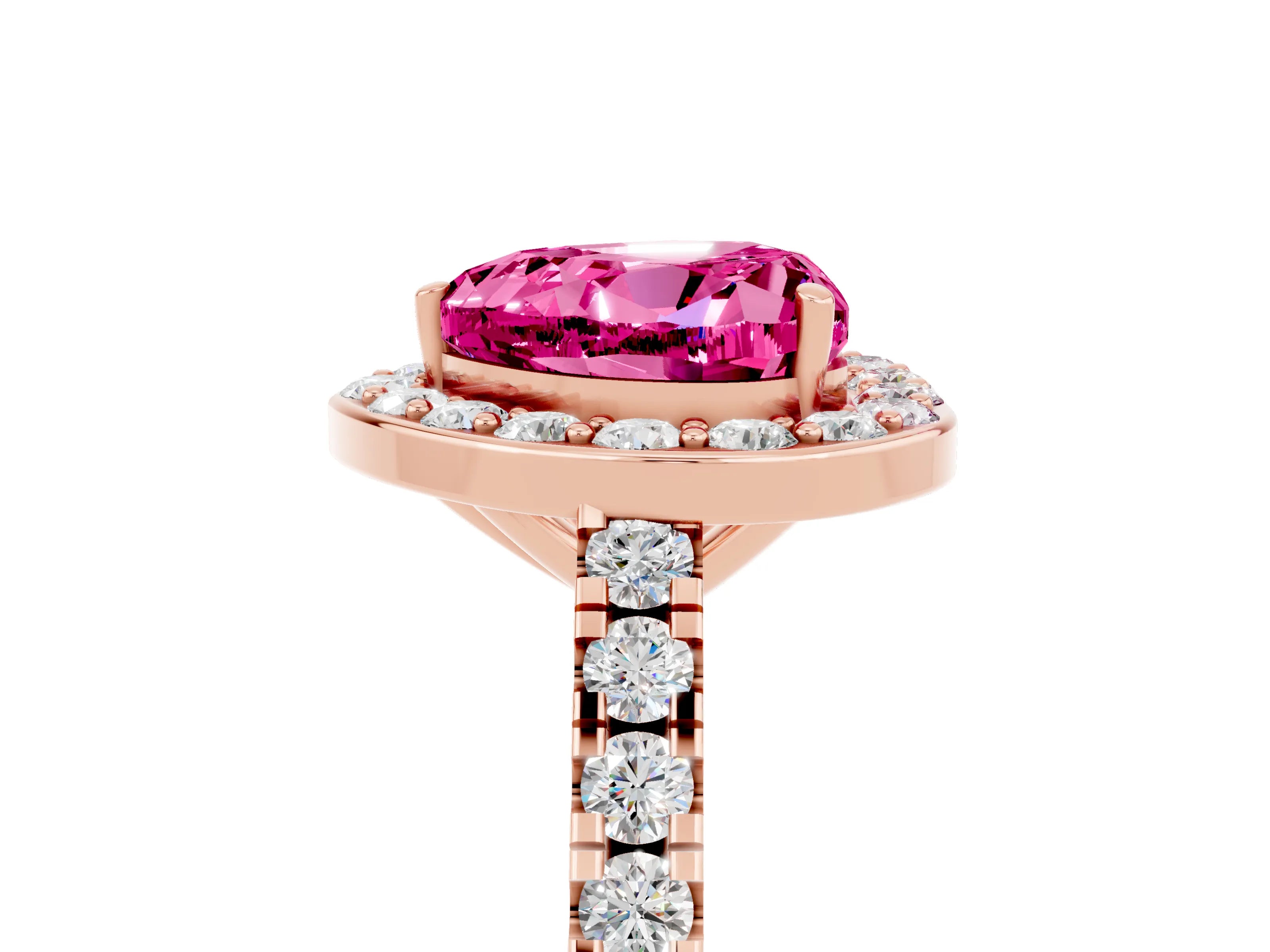 Rose gold Heart Cut Halo Diamond Ring with Pavé Band and Three-Prong Setting_5