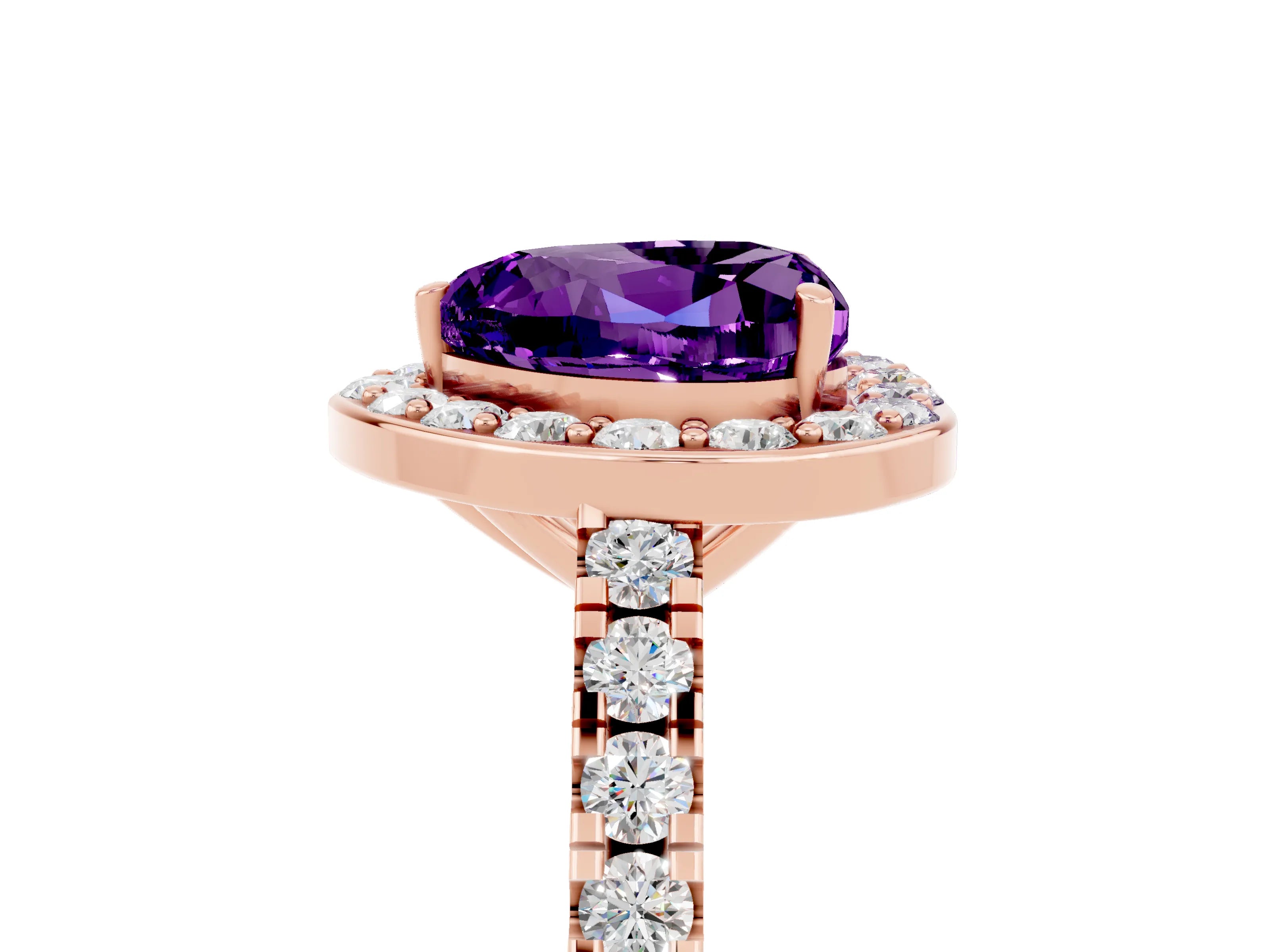 Rose gold Heart Cut Halo Diamond Ring with Pavé Band and Three-Prong Setting_5