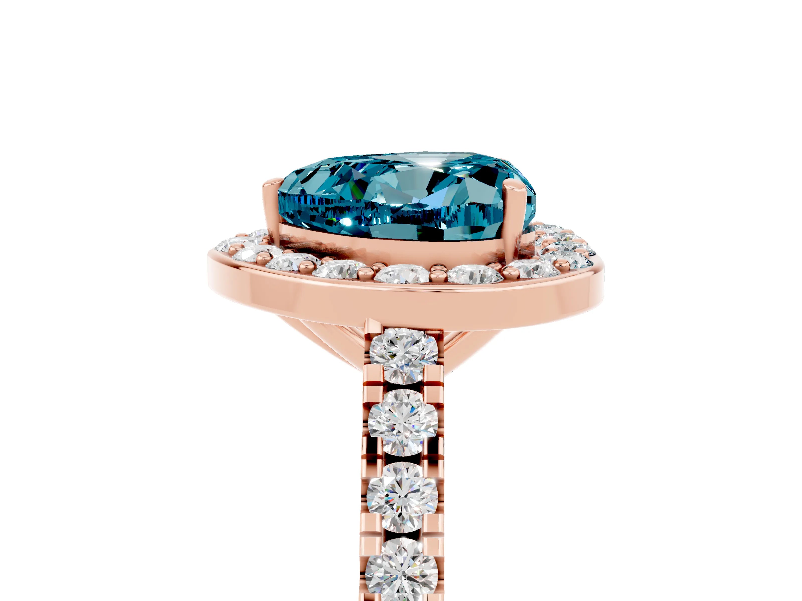 Rose gold Heart Cut Halo Diamond Ring with Pavé Band and Three-Prong Setting_5