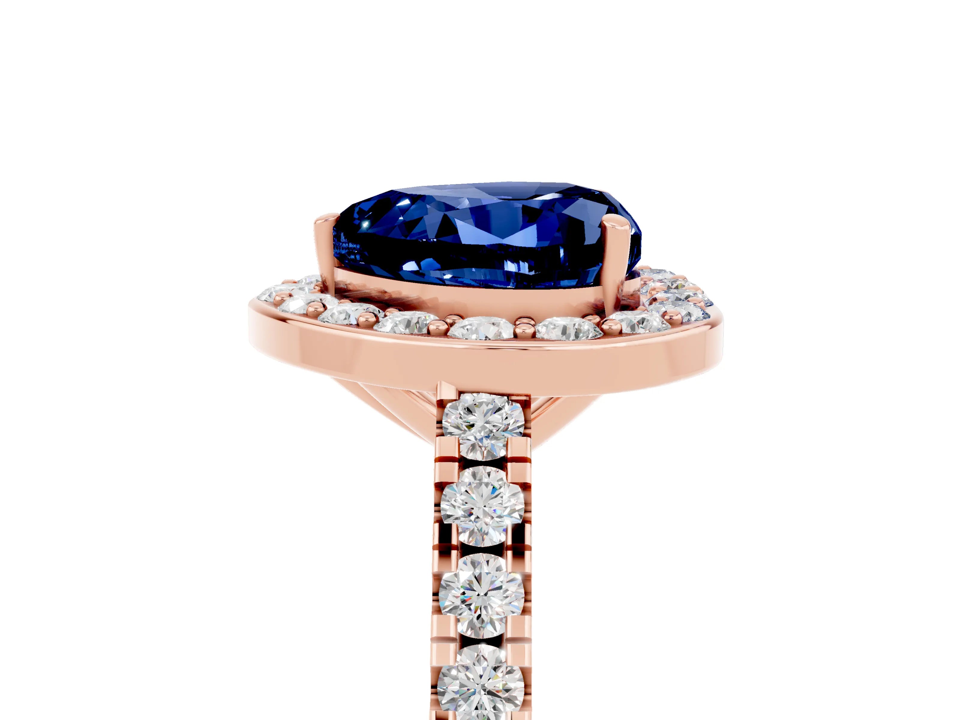 Rose gold Heart Cut Halo Diamond Ring with Pavé Band and Three-Prong Setting_5