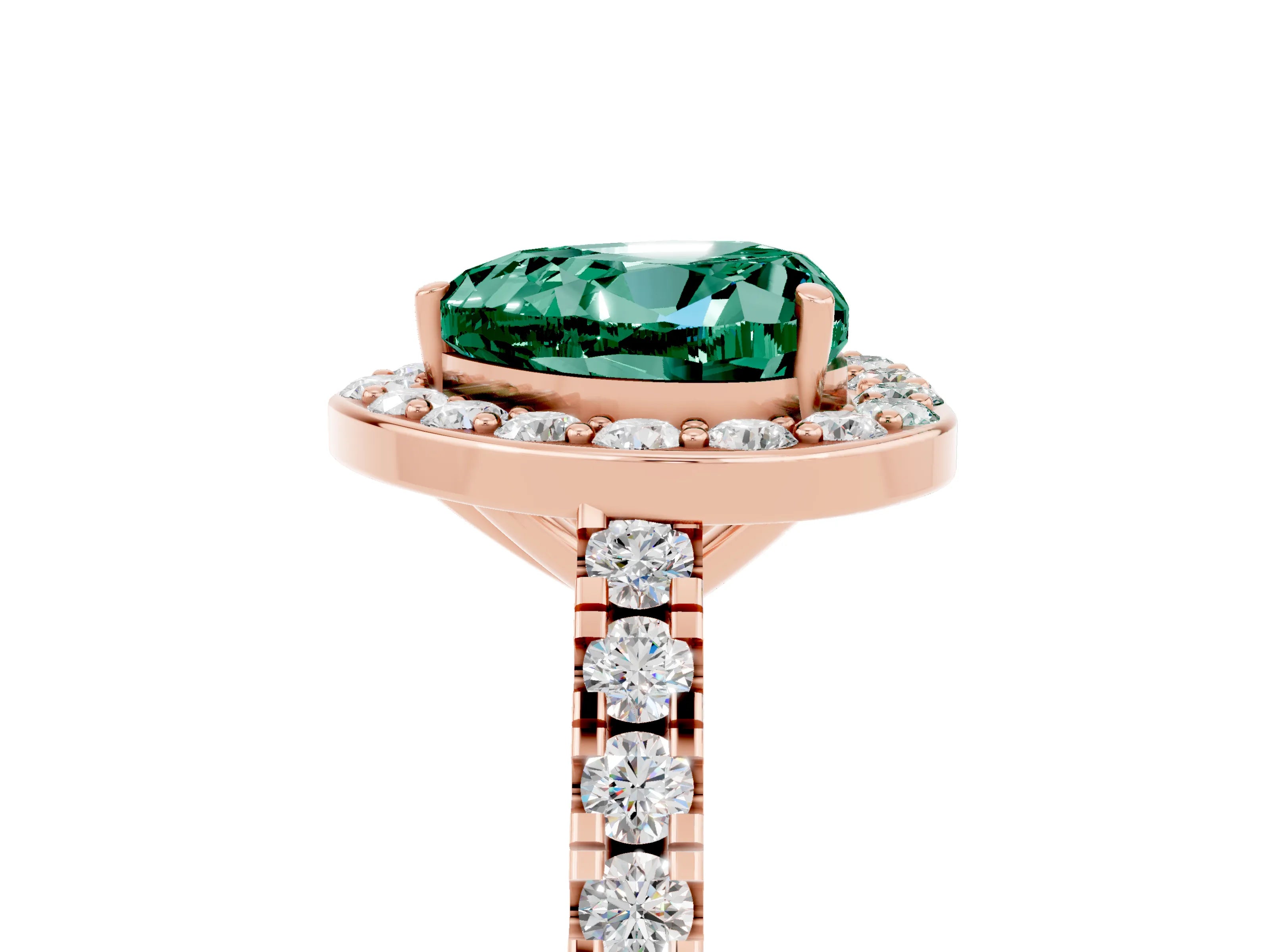 Rose gold Heart Cut Halo Diamond Ring with Pavé Band and Three-Prong Setting_5