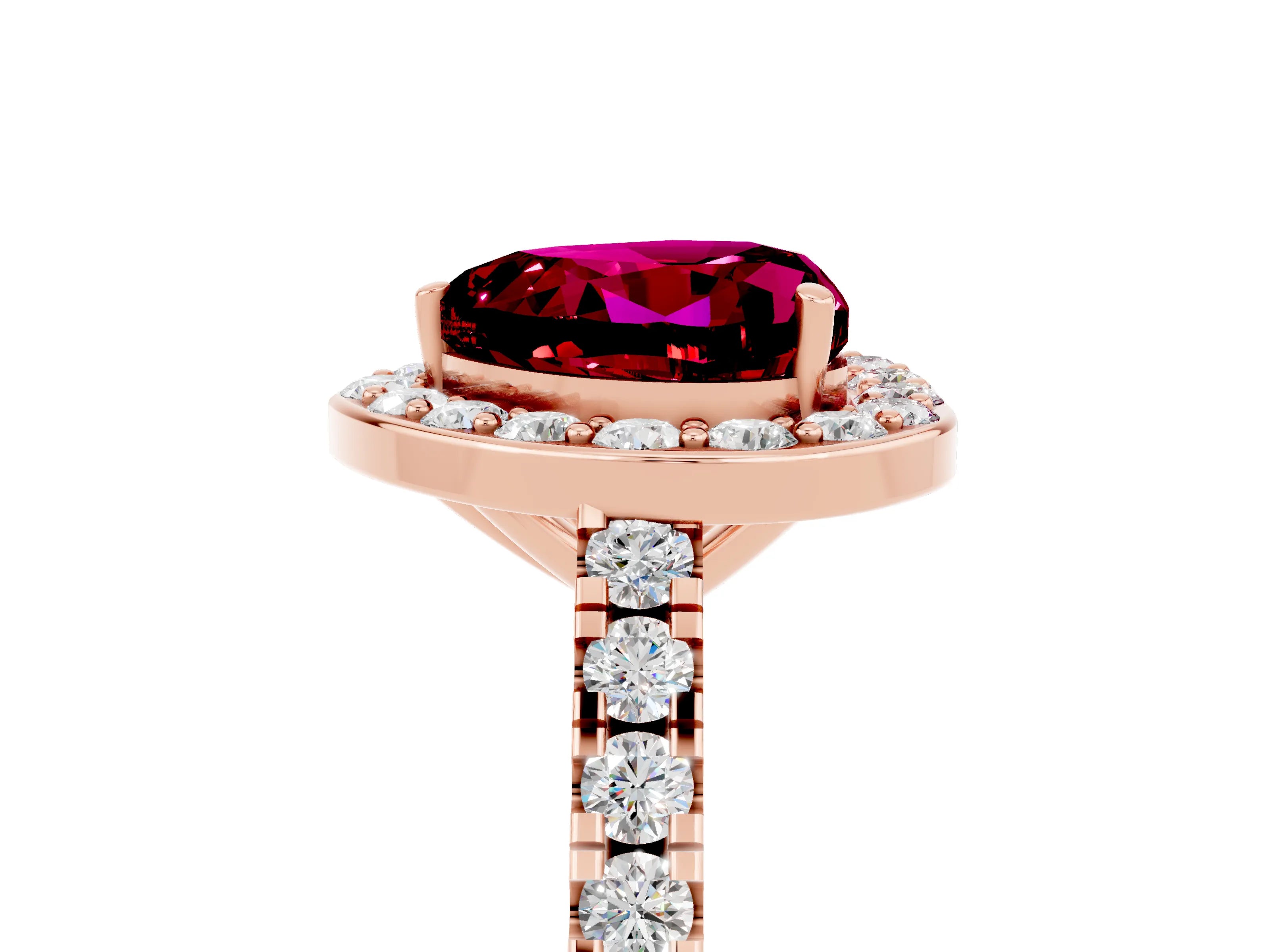 Rose gold Heart Cut Halo Diamond Ring with Pavé Band and Three-Prong Setting_5