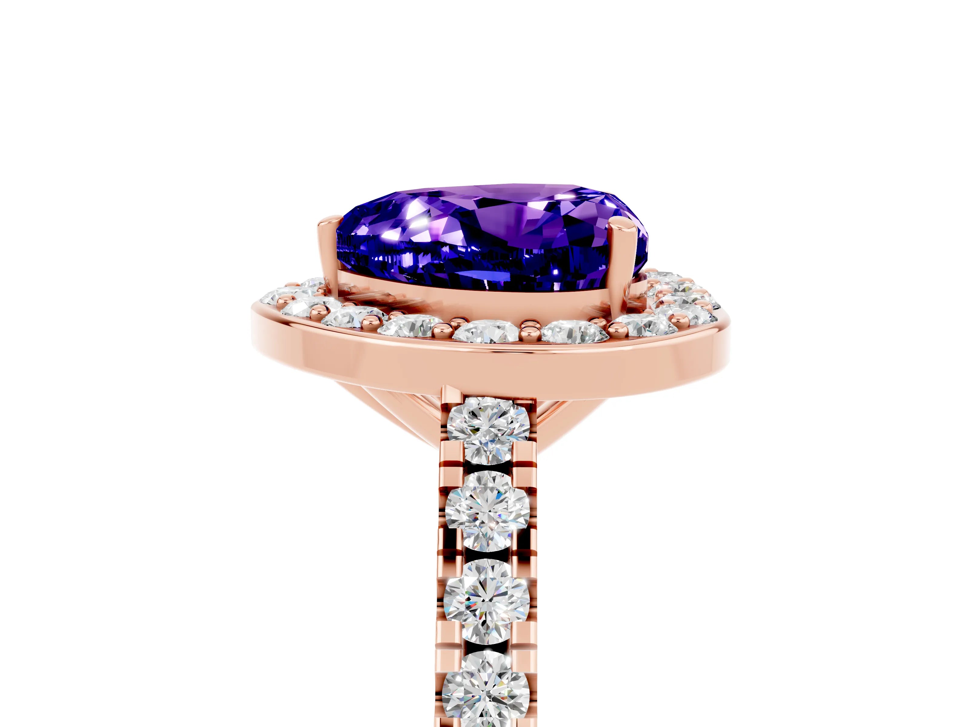 Rose gold Heart Cut Halo Diamond Ring with Pavé Band and Three-Prong Setting_5