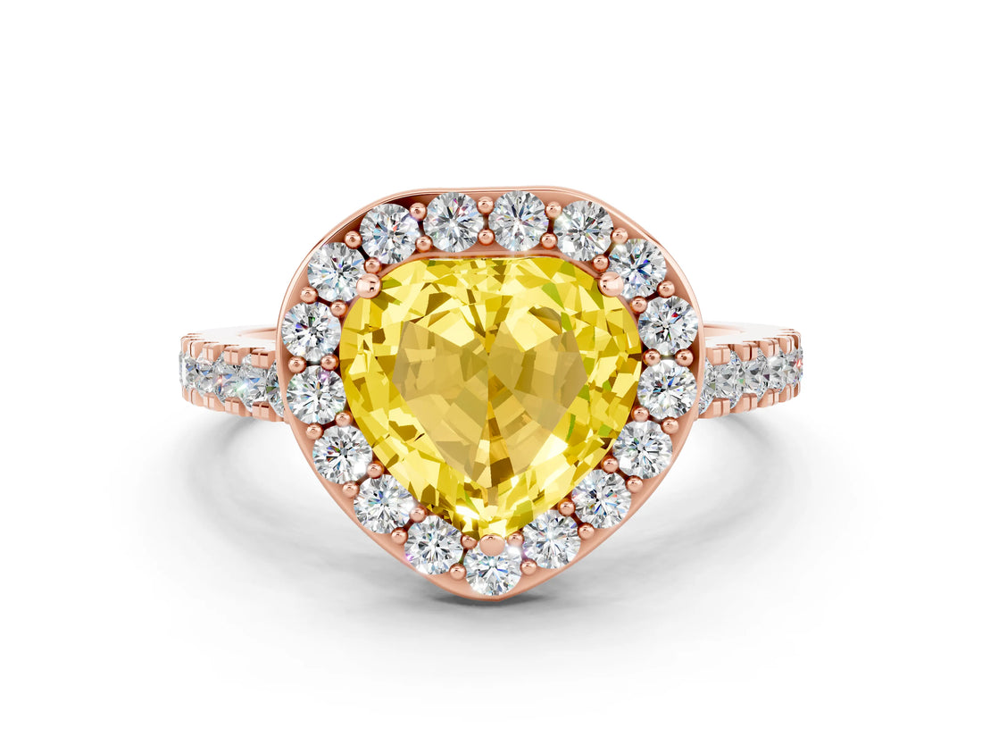 Rose gold Heart Cut Halo Diamond Ring with Pavé Band and Three-Prong Setting