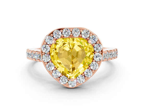 Rose gold Heart Cut Yellow Sapphire Halo Ring with Round Pavé Split Shank and Prong Setting