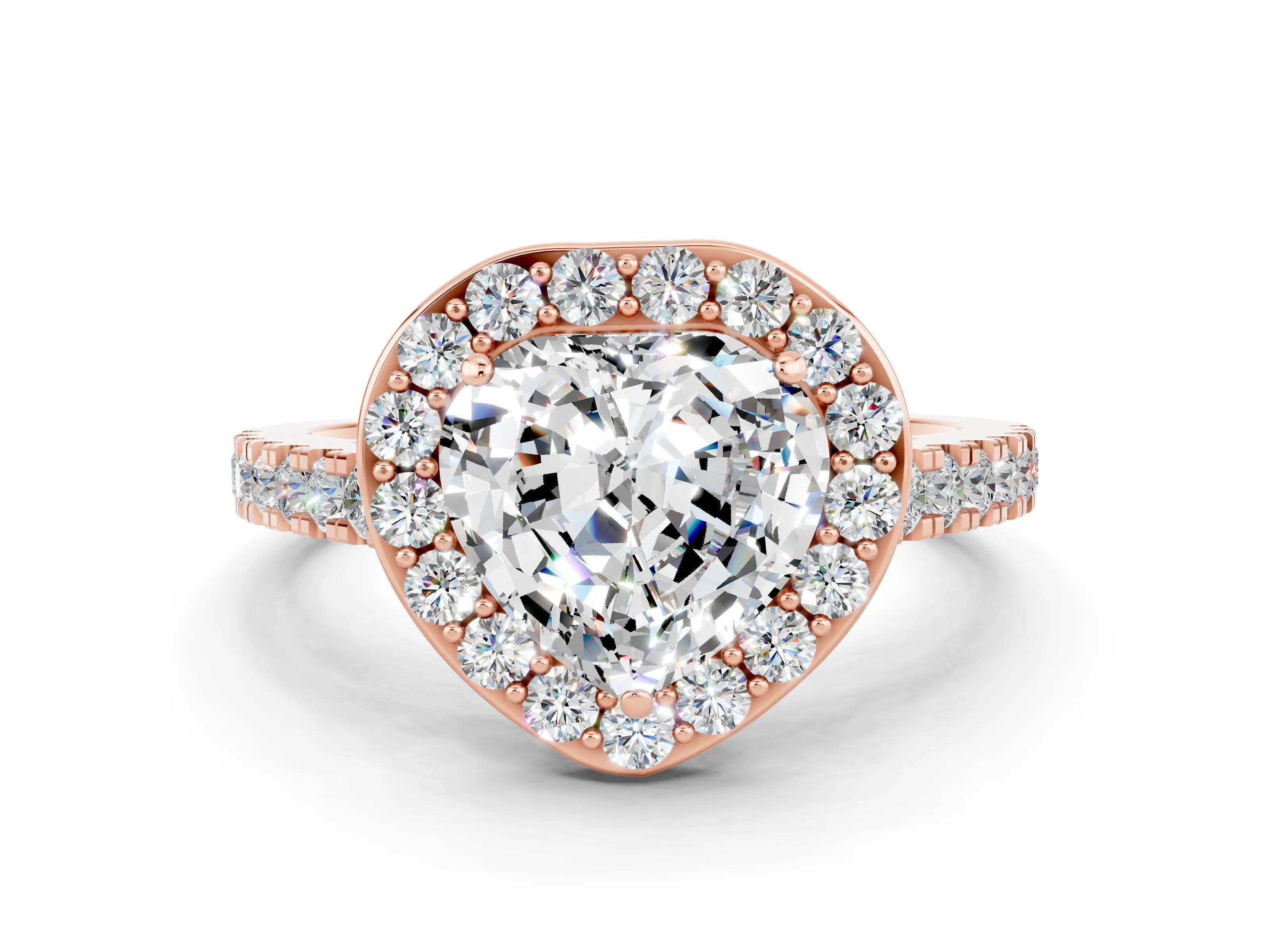 Rose gold Heart Cut Halo Diamond Ring with Pavé Band and Three-Prong Setting