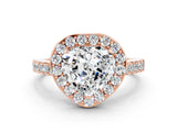 Rose gold Heart Cut Halo Diamond Ring with Pavé Band and Three-Prong Setting