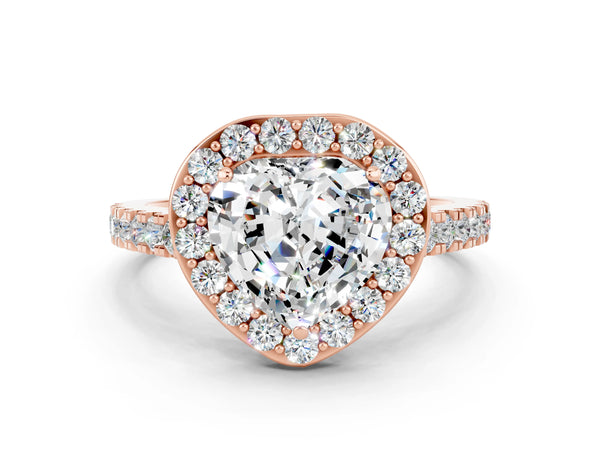 Rose gold Heart Cut Moissanite Halo Ring with Round Pavé Split Shank and Prong Setting