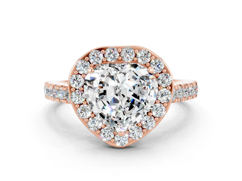 Rose gold Heart Cut Halo Diamond Ring with Pavé Band and Three-Prong Setting