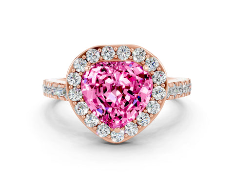 Rose gold Heart Cut Halo Diamond Ring with Pavé Band and Three-Prong Setting