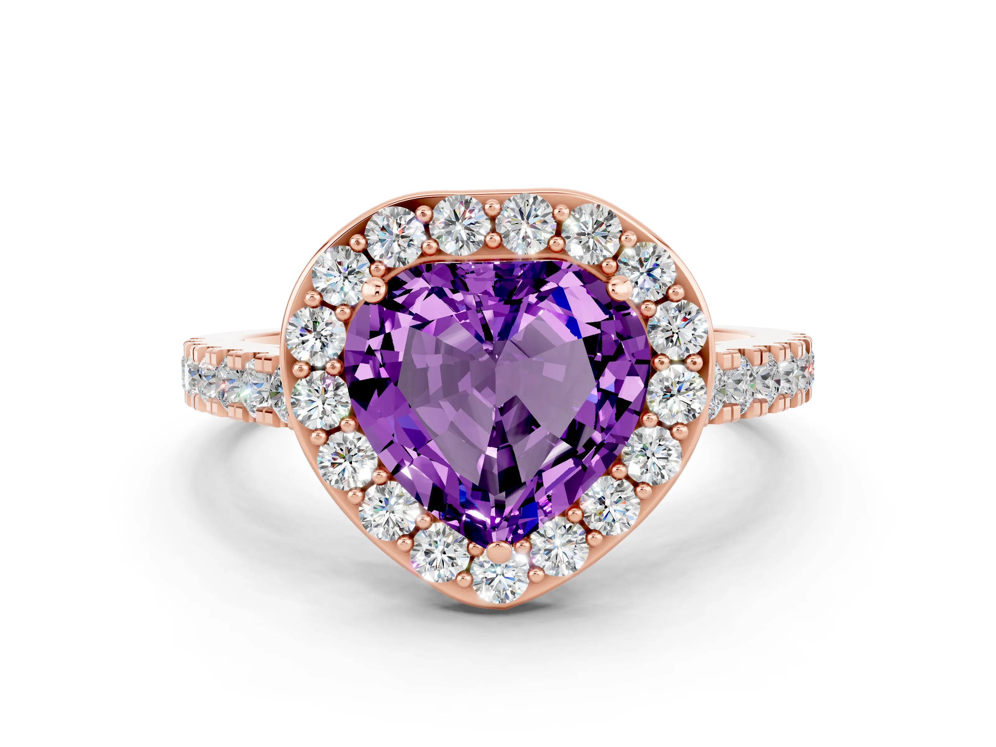 Rose gold Heart Cut Halo Diamond Ring with Pavé Band and Three-Prong Setting