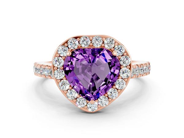 Rose gold Heart Cut Amethyst Halo Ring with Round Pavé Split Shank and Prong Setting