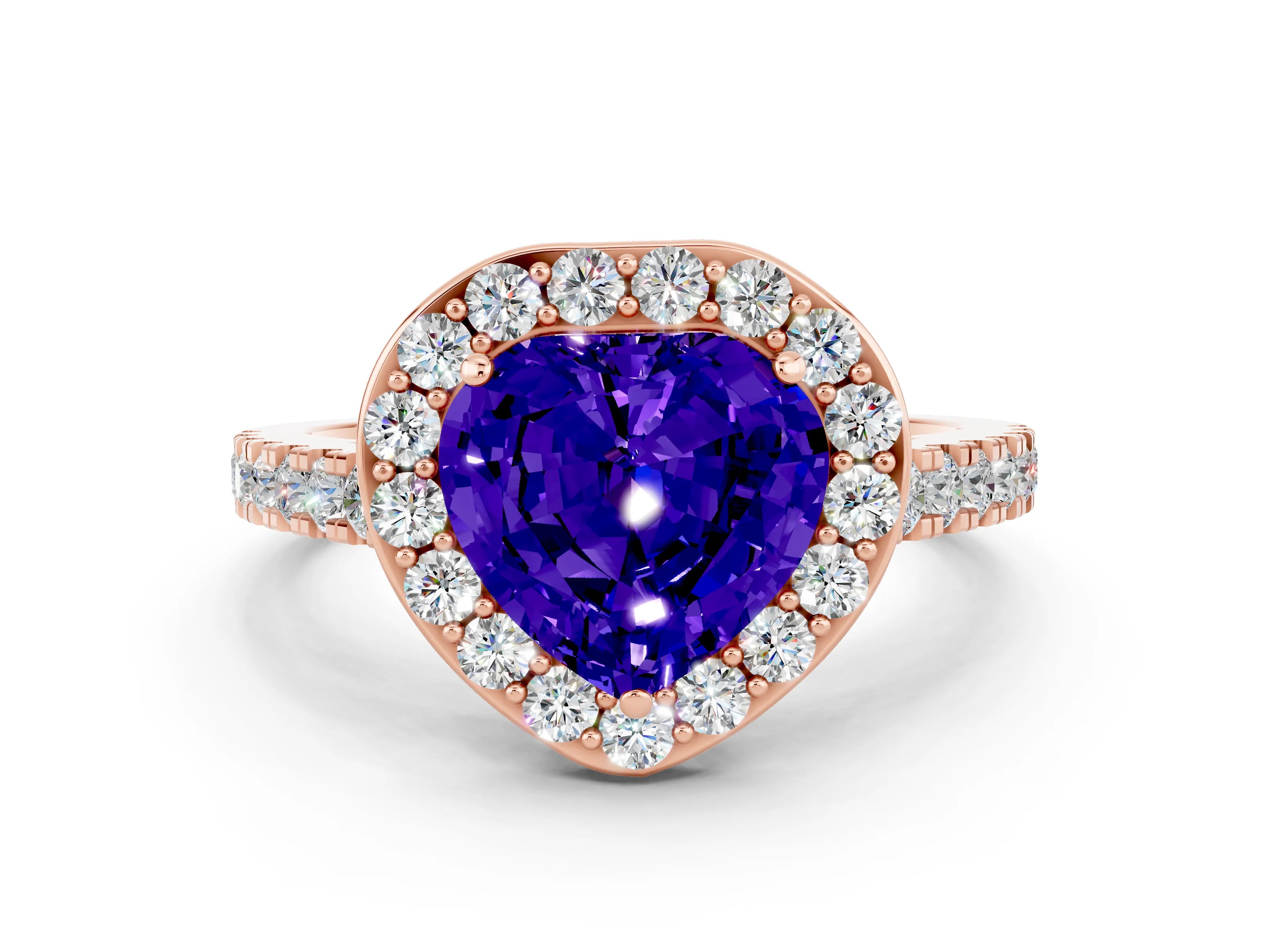 Rose gold Heart Cut Halo Diamond Ring with Pavé Band and Three-Prong Setting