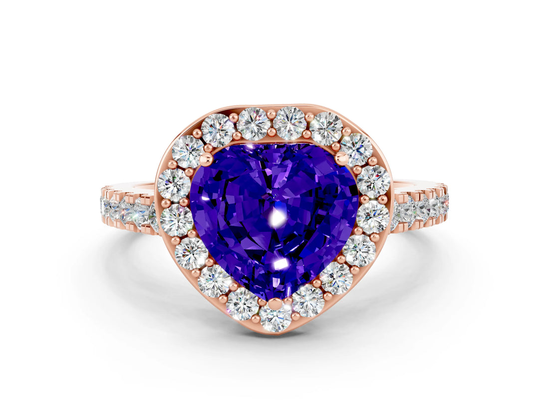 Rose gold Heart Cut Halo Diamond Ring with Pavé Band and Three-Prong Setting
