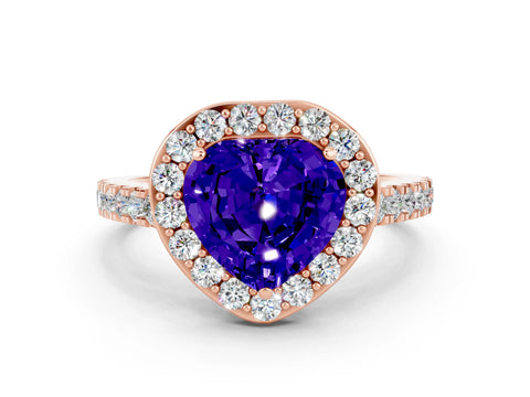 Rose gold Heart Cut Halo Diamond Ring with Pavé Band and Three-Prong Setting