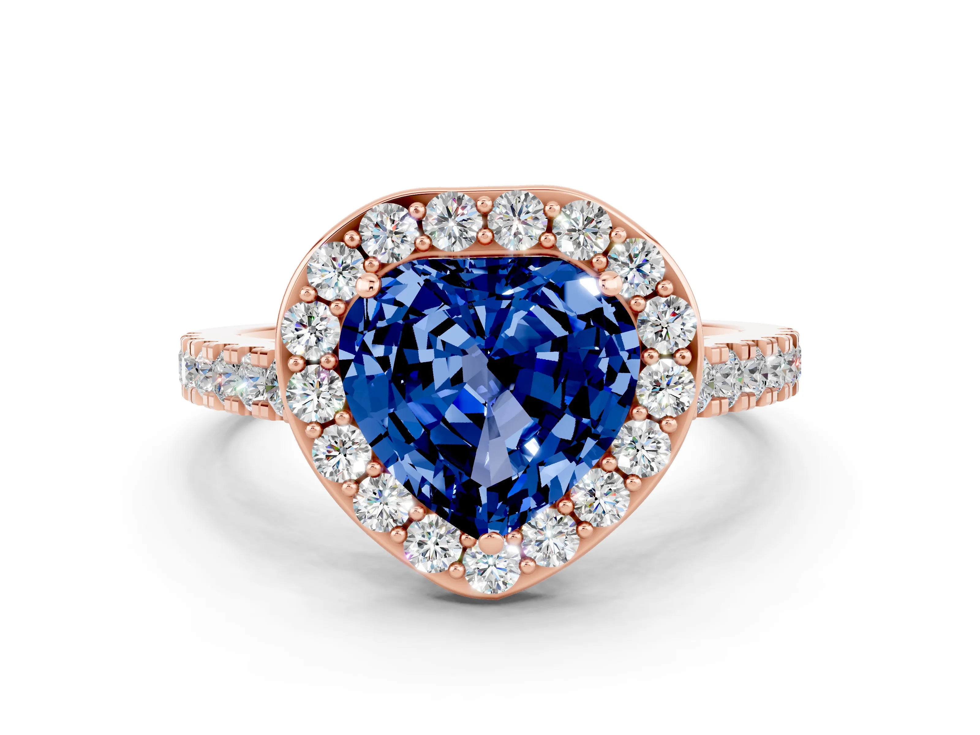 Rose gold Heart Cut Halo Diamond Ring with Pavé Band and Three-Prong Setting