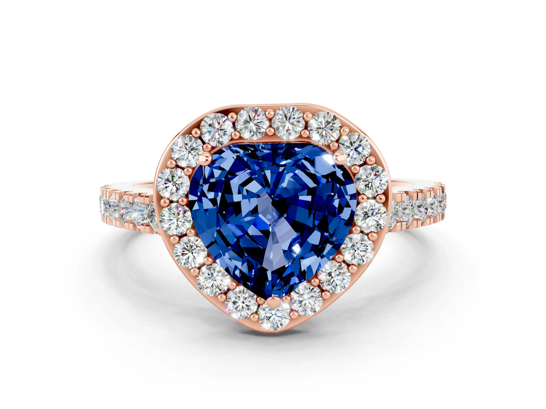 Rose gold Heart Cut Halo Diamond Ring with Pavé Band and Three-Prong Setting