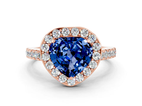 Rose gold Heart Cut Halo Diamond Ring with Pavé Band and Three-Prong Setting