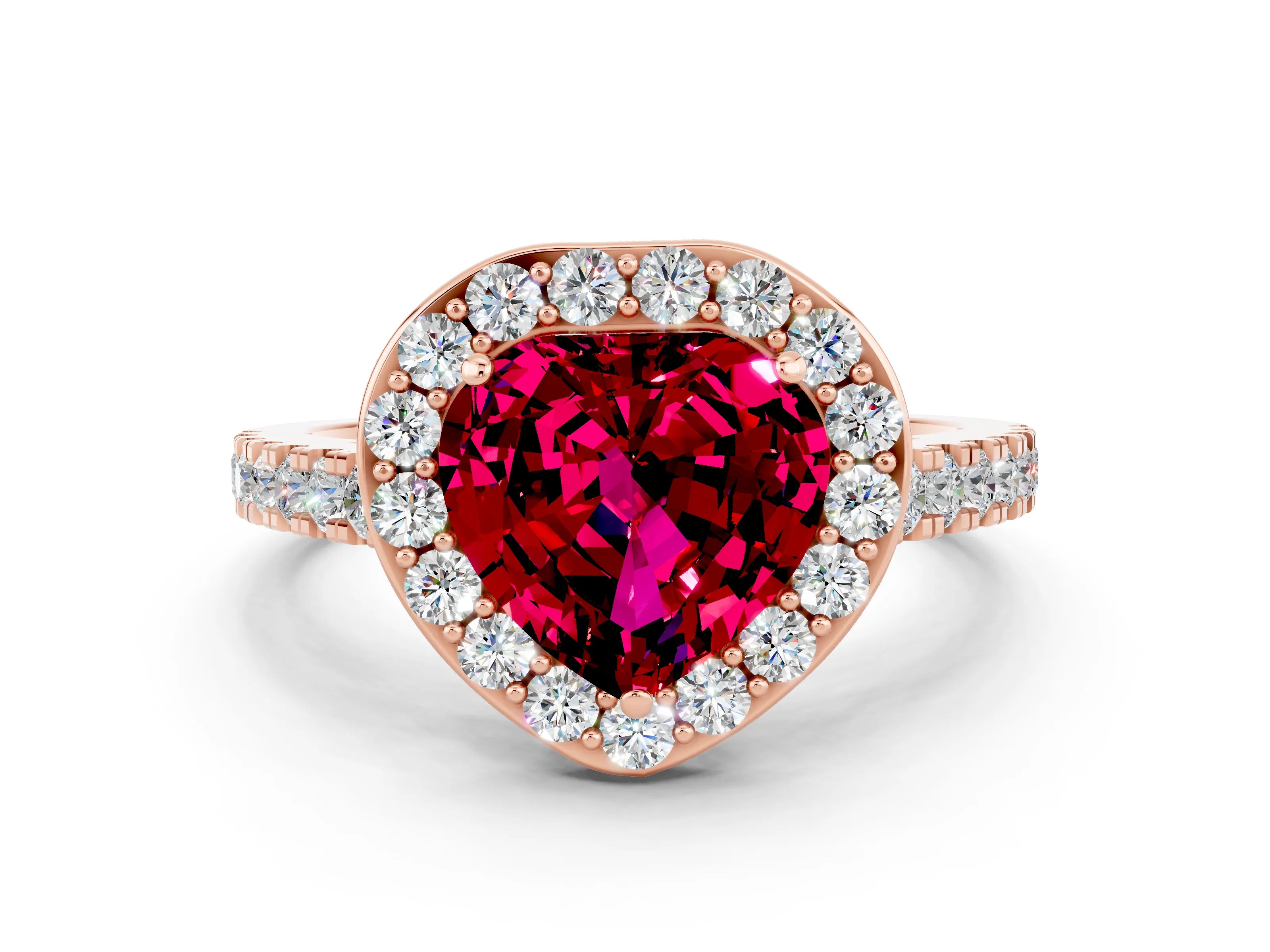 Rose gold Heart Cut Halo Diamond Ring with Pavé Band and Three-Prong Setting