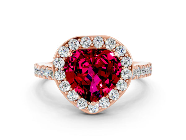 Rose gold Heart Cut Garnet Halo Ring with Round Pavé Split Shank and Prong Setting