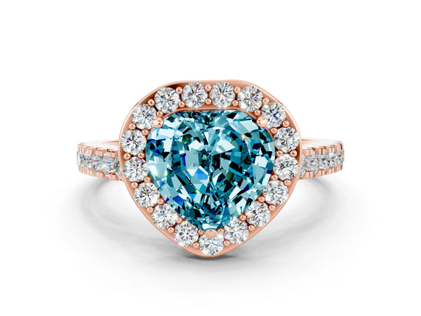Rose gold Heart Cut Halo Diamond Ring with Pavé Band and Three-Prong Setting