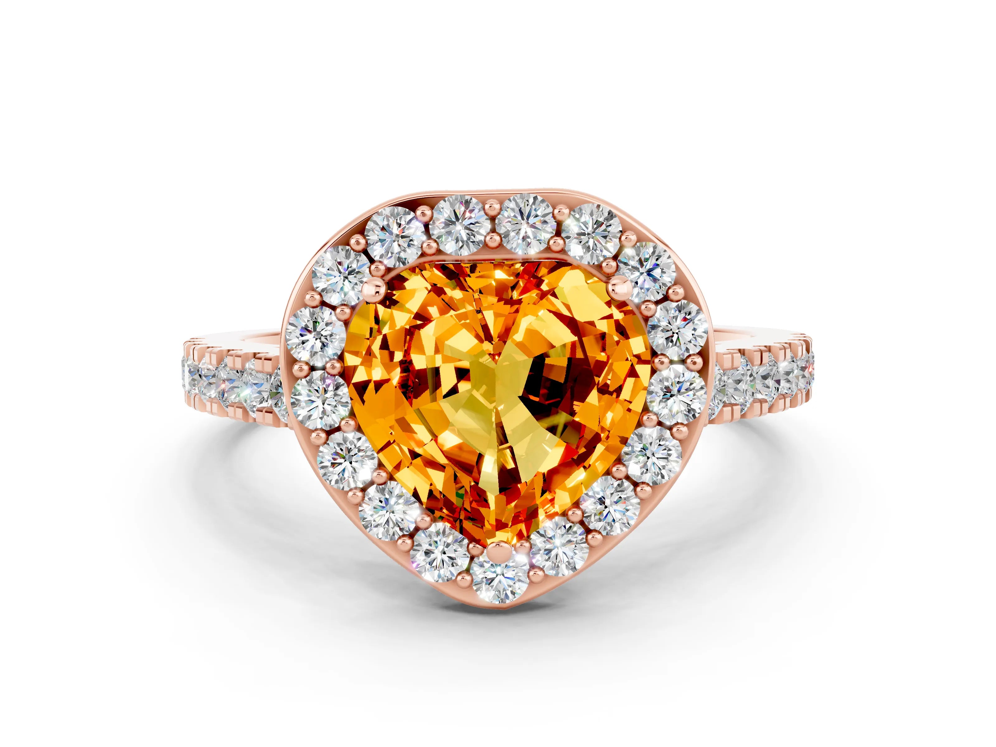 Rose gold Heart Cut Halo Diamond Ring with Pavé Band and Three-Prong Setting