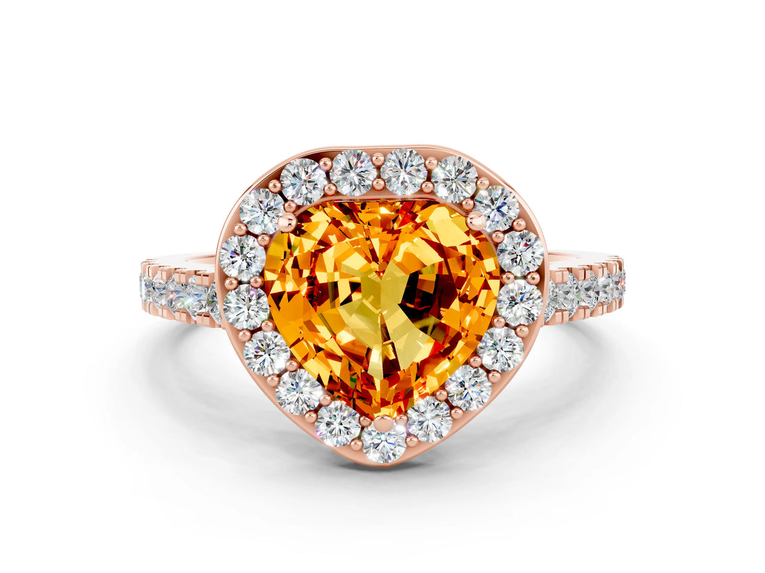 Rose gold Heart Cut Halo Diamond Ring with Pavé Band and Three-Prong Setting